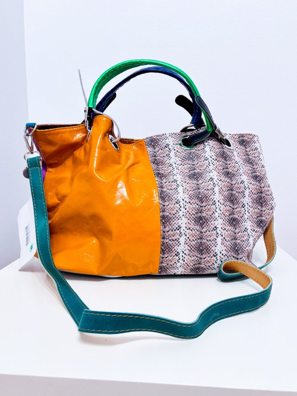 EBARRITO Orange Purple Snakeskin Print Leather Patchwork Tote Shoulder Bag
